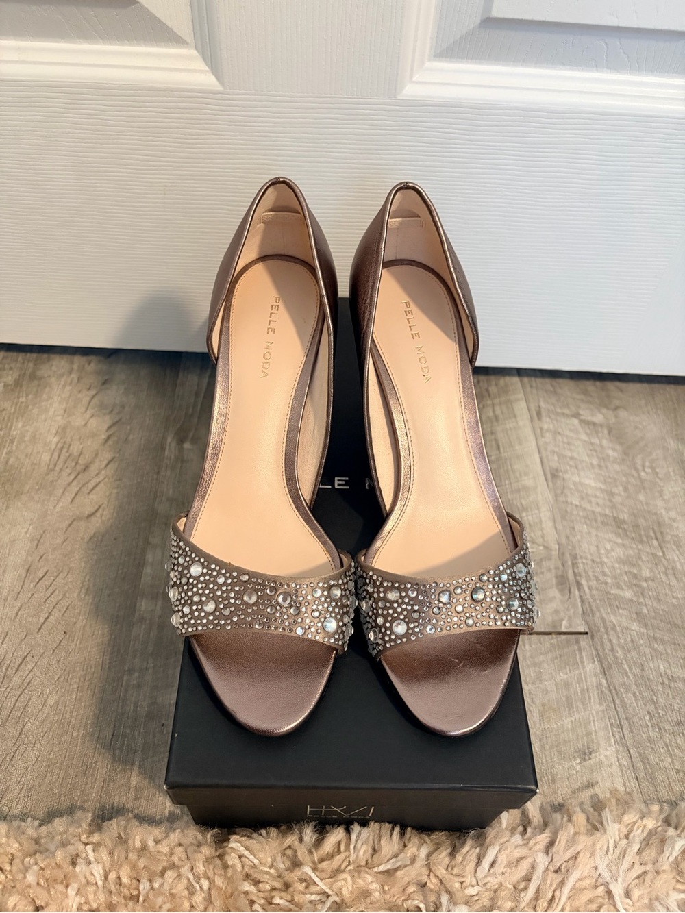 Pelle Moda Metallic Brown Open-Toe Heels with Rhinestone & Pearl Strap